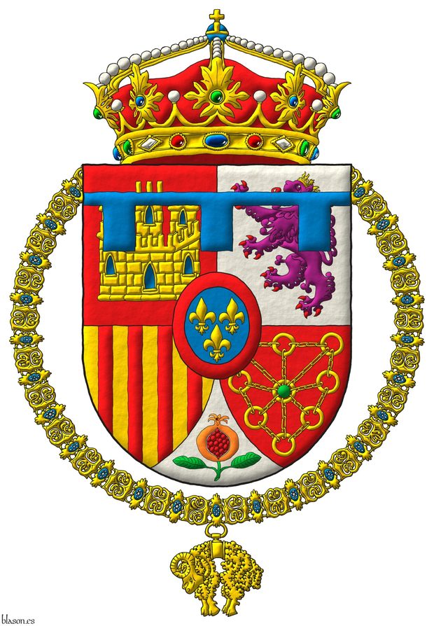 Escudo cuartelado: 1o de gules, un castillo de oro, aclarado de azur, mazonado de sable [de Castilla]; 2o de plata, un len rampante de prpura, lampasado y armado de gules, coronado de oro [de Len]; 3o de oro, con cuatro palos de gules [de Aragn]; 4o de gules, una cadena puesta en orla, en cruz y en sotuer de oro, cargada en el centro de una esmeralda de sinople [de Navarra]; entado en punta de plata, una granada al natural, tajada de gules, tallada y hojada de sinople [de Granada]; un escusn de azur, tres flores de lis de oro, 2 y 1, una bordura de gules [de Borbn]; y brisado de un lambel de tres pendientes de azur. Timbrado con una corona de prncipe. El escudo est rodeado del Toisn de Oro.