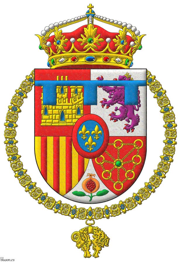 Quarterly: 1 Gules, a castle triple-towered Or, port and windows Azure, masoned Sable [for Castile]; 2 Argent, a lion rampant Purple, armed and langued Gules, crowned Or [for Leon]; 3 Or, four pallets Gules [for Aragon]; 4 Gules, a chain orlewise, crosswise, and saltirewise Or, charged in the fess point with an emerald Vert [for Navarre]; ent en point Argent, a pomegranate proper, seeded Gules, slipped and leaved Vert [for Granada]; an inescutcheon Azure, three fleurs de lis Or, 2 and 1, a bordure Gules [for Bourbon]; and the whole debruised by a label of three points Azure. Crest: A Crown of Prince. The shield is surrounded by the Golden Fleece.