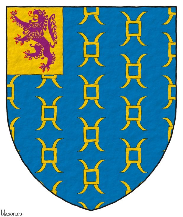 Azure semé of millrinds Or; on a dexter canton Or, a lion rampant Purpure, armed and langued Gules.