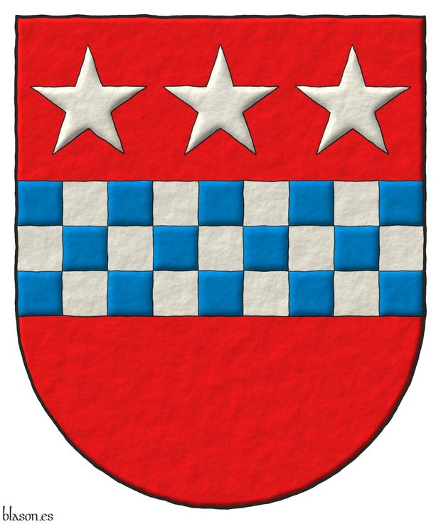 Escudo de gules, una faja ajedrezada de azur y plata, en jefe tres estrellas de cinco puntas de plata.