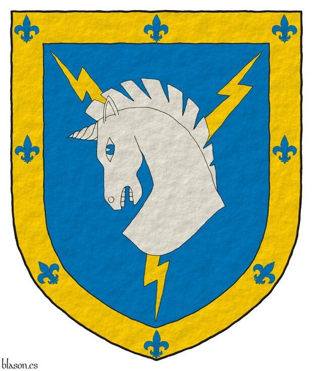 Escudo de azur, tres rayos en perla de oro, resaltados de una cabeza de unicornio cortada de plata; una filiera de sable, cargada de ocho flores de lis de oro.