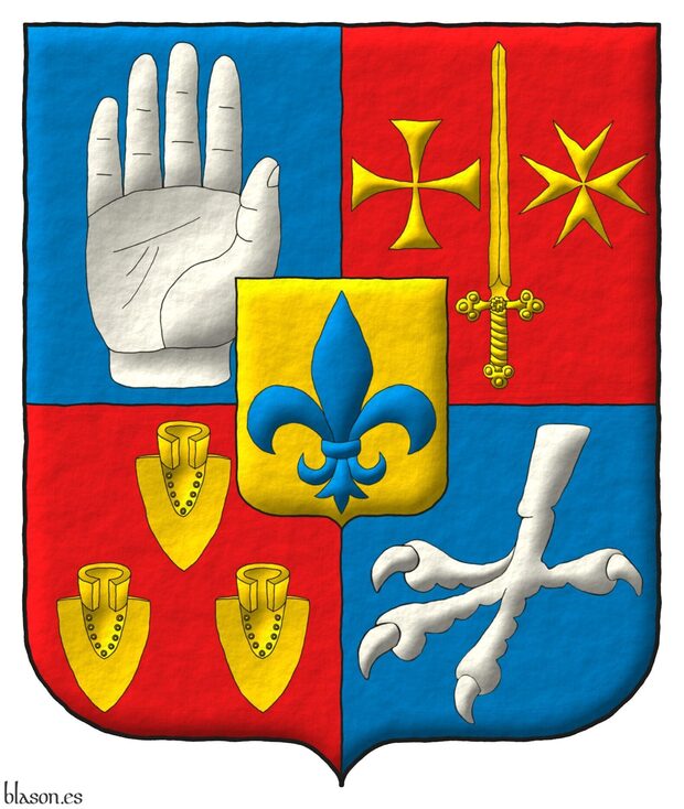 Escudo cuartelado: 1o de azur, una mano diestra apalmada de plata; 2o de gules, una espada alzada acompaada, a la diestra, de una cruz patada y, a la siniestra, de una cruz de Malta, todo de oro; 3 de gules, tres rejas de arado de frente, bajadas y desordenadas de oro; 4 de azur, una garra de guila, cortada, bajada de plata; un escusn de oro cargado de una flor de lis de azur.