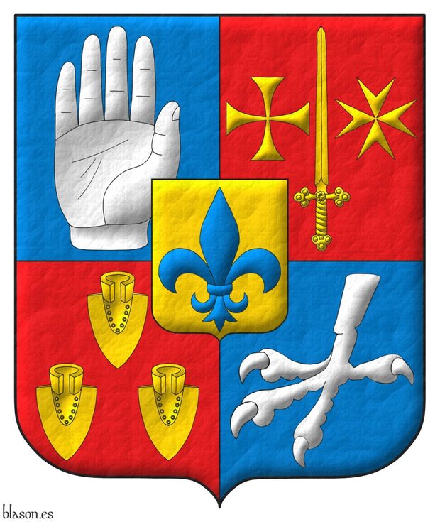 Quarterly: 1 Azure, a dexter hand appaume Argent; 2 Gules, a sword point upwards between, in the dexter, a cross patty, and, in the sinister, a Maltese cross Or; 3 Gules, three plough shares affronty, downwards, and disordered Or; 4 Azure, an eagle claw, couped Argent; an inescutcheon Or charged with a fleur de lis Azure.