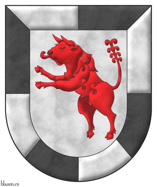 Argent, a Bull salient Gules within a compony Bordure Argent and Sable.