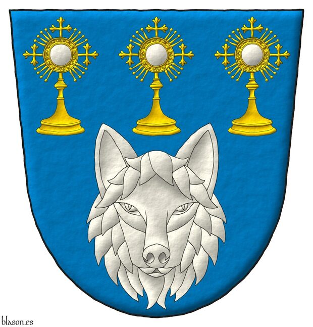 Escudo de azur, una cabeza de frente de lobo de plata, acompaada en jefe de tres custodias en faja al natural.