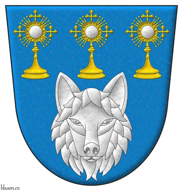 Azure, a wolf's head caboshed Argent, in chief three monstrances in fess proper.