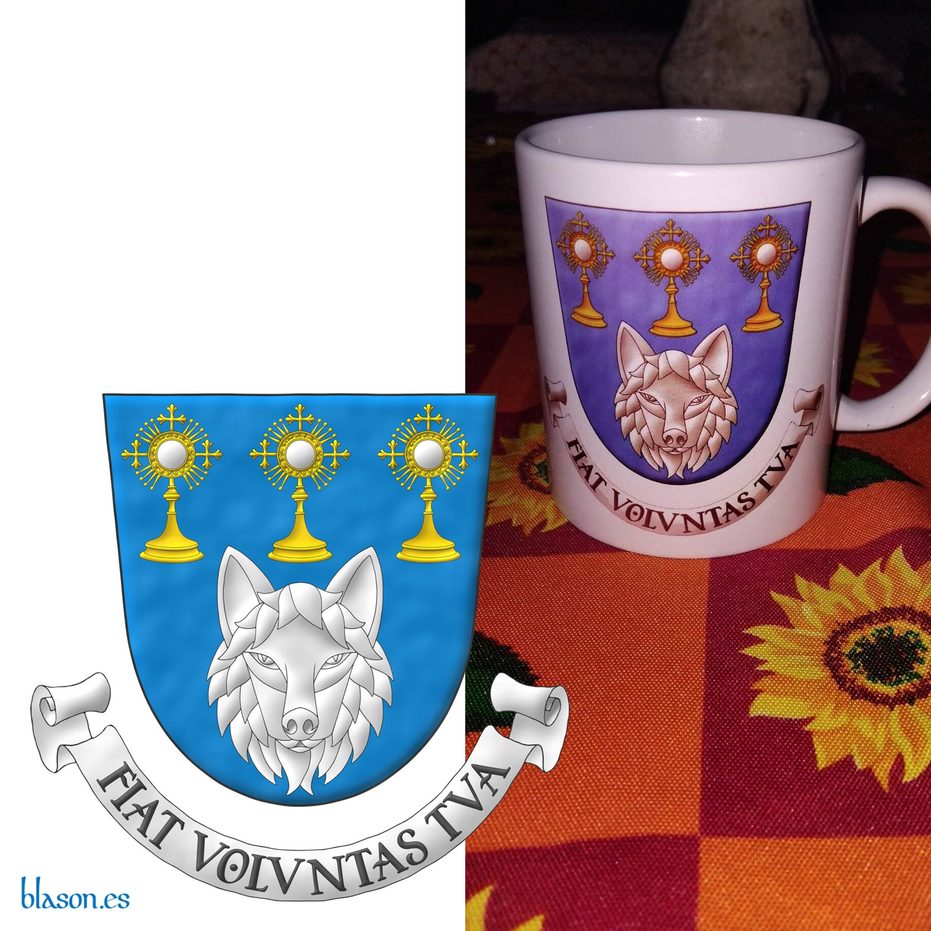 Escudo de azur, una cabeza de frente de lobo de plata, acompaada en jefe de tres custodias en faja al natural. Lema: Fiat Voluntas Tua.