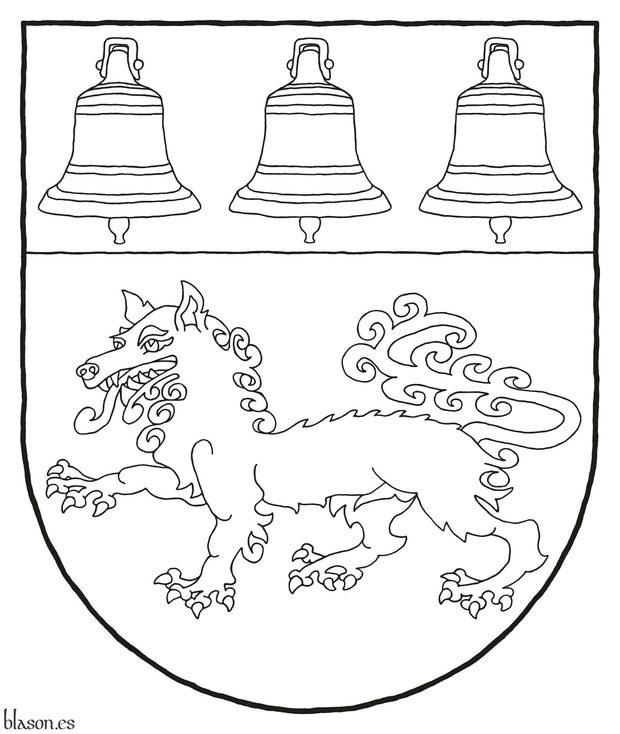 Or, a wolf passant Gules; on a chief Gules, three bells Or.