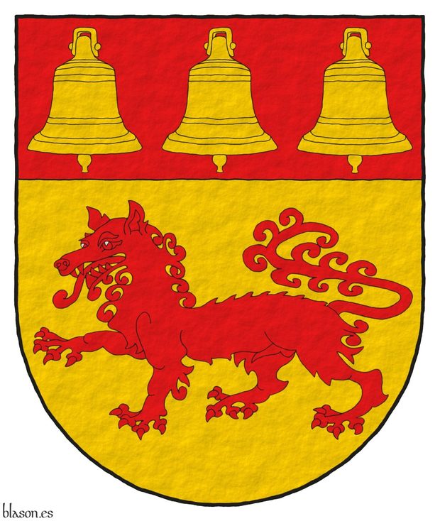 Or, a wolf passant Gules; on a chief Gules, three bells Or.