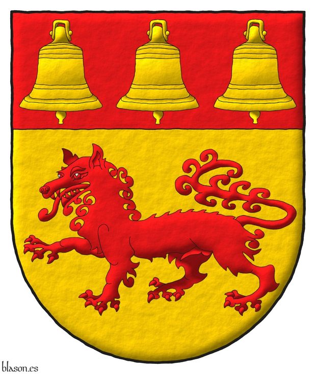 Or, a wolf passant Gules; on a chief Gules, three bells Or.