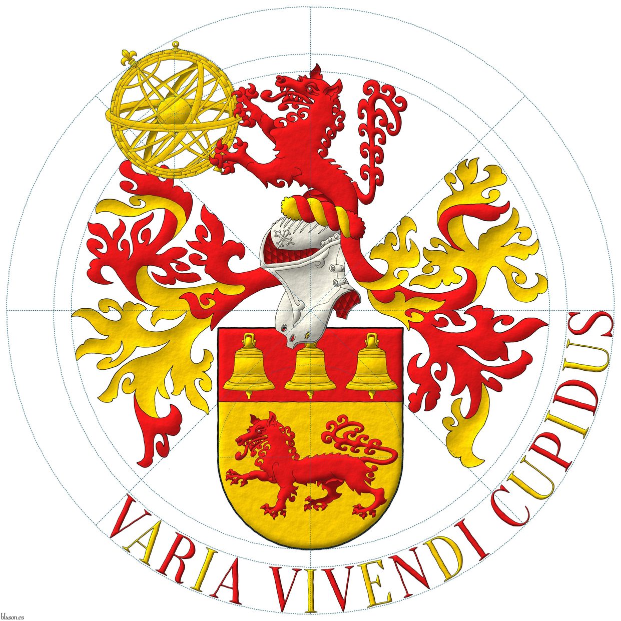 Escudo de oro, un lobo pasante de gules; en un jefe de gules, tres campanas de oro. Timbrado de un yelmo, adornado de dos lambrequines de gules doblados de oro, un burelete de oro y gules, cimado de lobo saliente de gules, teniendo entre sus patas una esfera armilar de oro. Lema: Varia vivendi cupidus.