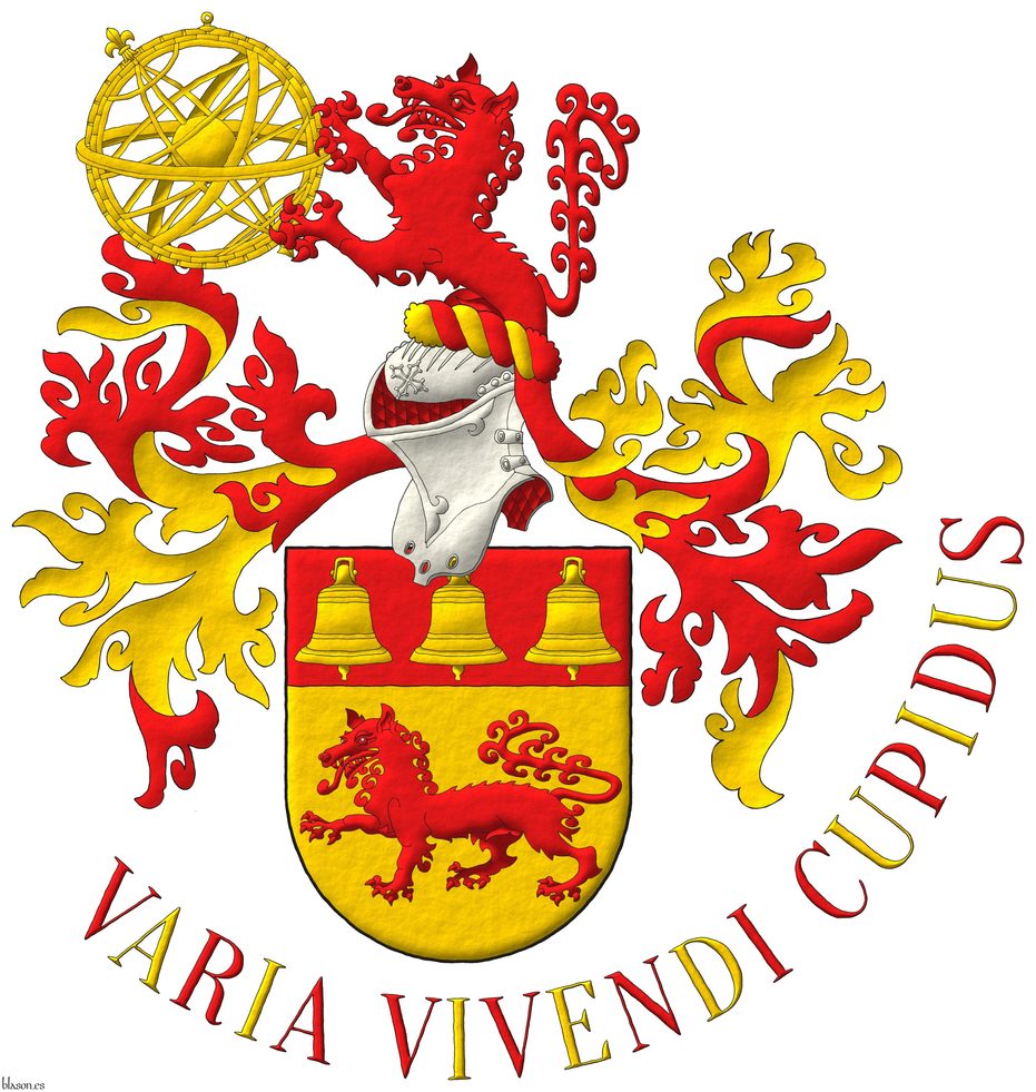 Escudo de oro, un lobo pasante de gules; en un jefe de gules, tres campanas de oro. Timbrado de un yelmo, adornado de dos lambrequines de gules doblados de oro, un burelete de oro y gules, cimado de lobo saliente de gules, teniendo entre sus patas una esfera armilar de oro. Lema: Varia vivendi cupidus.