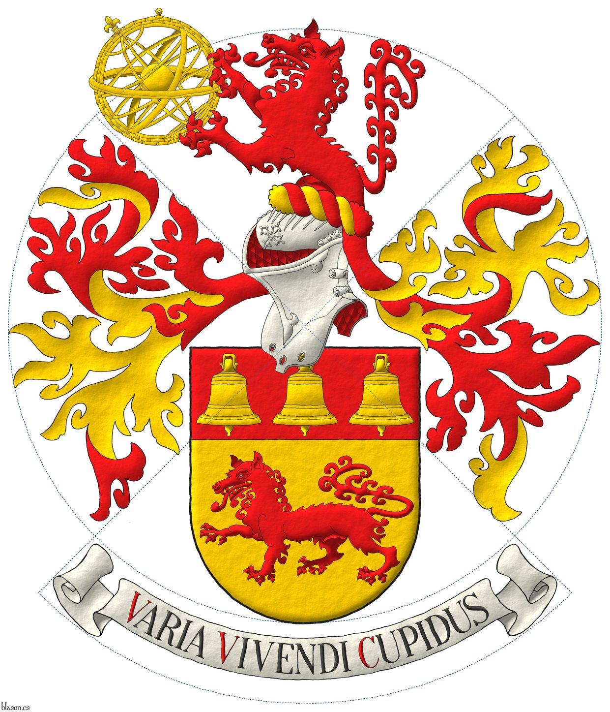 Or, a wolf passant Gules; on a chief Gules, three bells Or. Crest: Upon a helm with a wreath Or and Gules, a demi-wolf Gules supporting with both paws an armillary sphere Or. Mantling: Gules doubled Or. Motto: Varia vivendi cupidus.