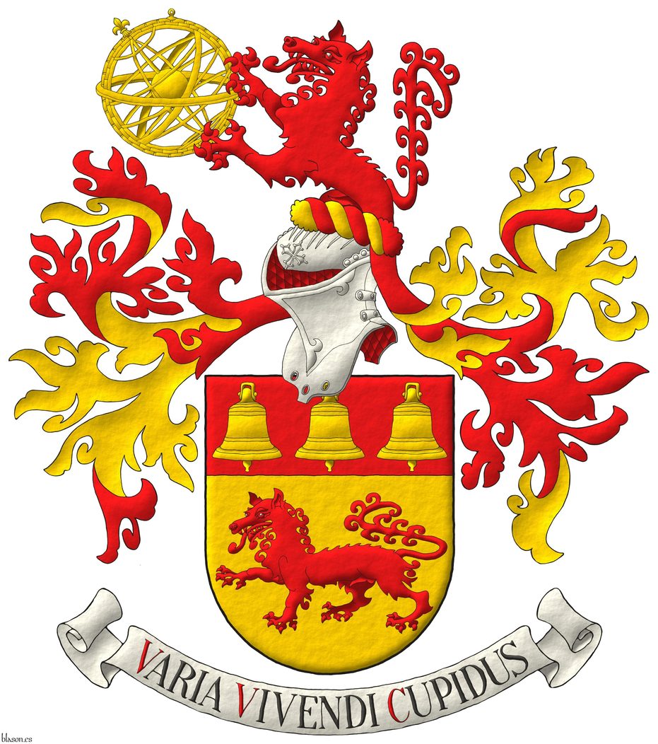 Or, a wolf passant Gules; on a chief Gules, three bells Or. Crest: Upon a helm with a wreath Or and Gules, a demi-wolf Gules supporting with both paws an armillary sphere Or. Mantling: Gules doubled Or. Motto: Varia vivendi cupidus.