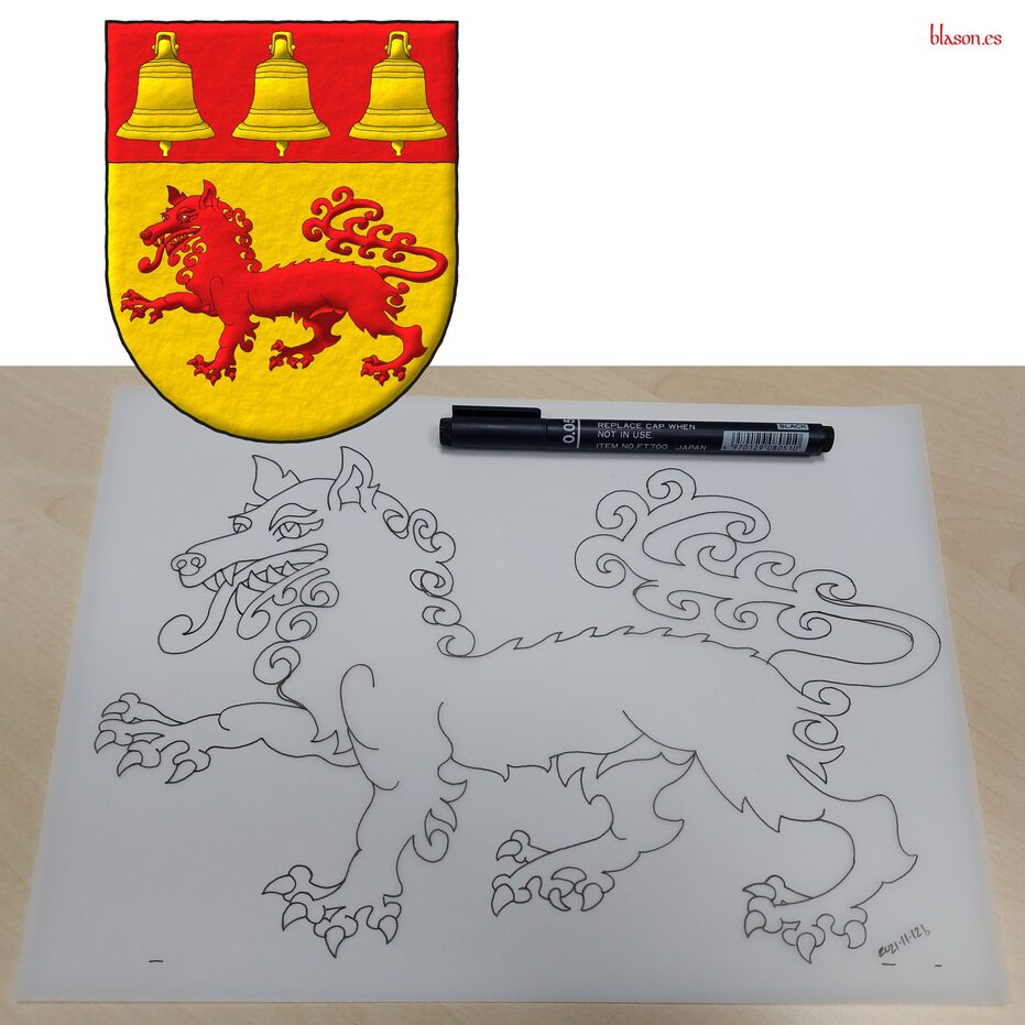 Or, a wolf passant Gules; on a chief Gules, three bells Or.
