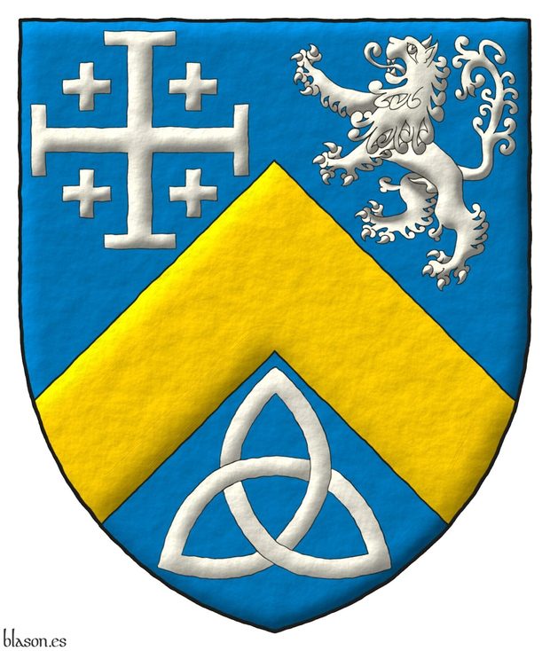 Azure, a chevron Or, between in chief a cross potent cantoned of crosslets, and a lion rampant, and in base a Celtic Trinity knot Argent.