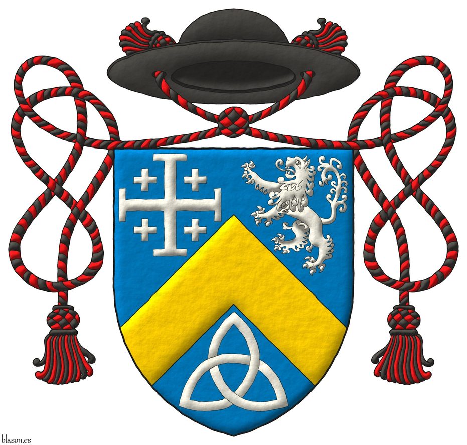 Azure, a chevron Or, between in chief a cross potent cantoned of crosslets, and a lion rampant, and in base a Celtic Trinity knot Argent. Crest: A galero Sable, with two cords, each with one tassel Gules and Sable.