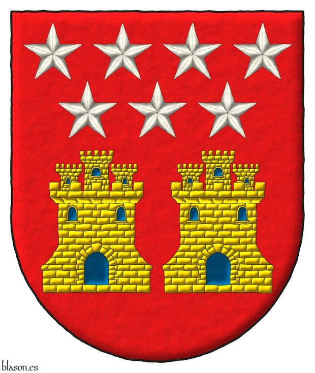 Escudo de gules, dos castillos de oro, aclarados de azur, mazonados de sable surmontados de siete estrellas de plata de cinco puntas, 4 y 3.