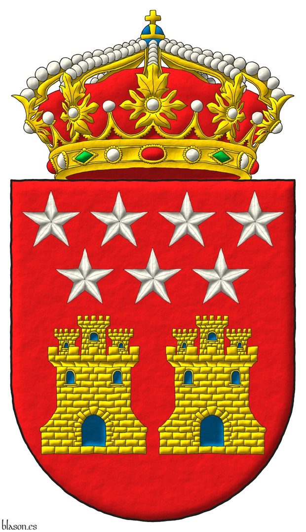 Escudo de gules, dos castillos de oro, aclarados de azur, mazonados de sable surmontados de siete estrellas de plata de cinco puntas, 4 y 3. Timbrado de una corona real cerrada.