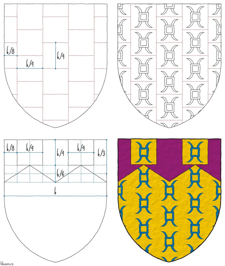 Escudo de oro sembrado de anillas de molino de azur; un jefe encajado de tres piezas, una completa y dos medias, de prpura y perforado dos de dos billetes movientes del jefe a la punta.