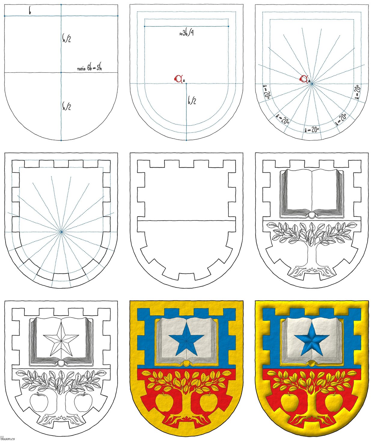 Escudo cortado: 1o de azur, un libro abierto de oro, hojado de plata, cargado de una estrella de cinco puntas de azur; 2o de gules, un �rbol arrancado, acompa�ado de dos manzanas todo de oro; una filiera almenada de oro.