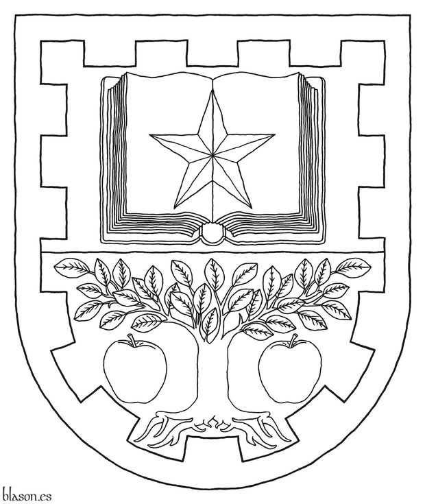 Escudo cortado: 1o de azur, un libro abierto de oro, hojado de plata, cargado de una estrella de cinco puntas de azur; 2o de gules, un �rbol arrancado, acompa�ado de dos manzanas todo de oro; una filiera almenada de oro.