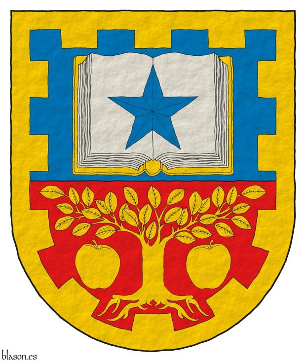 Escudo cortado: 1o de azur, un libro abierto de oro, hojado de plata, cargado de una estrella de cinco puntas de azur; 2o de gules, un �rbol arrancado, acompa�ado de dos manzanas todo de oro; una filiera almenada de oro.