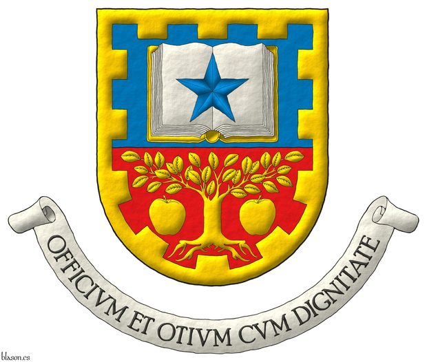Escudo cortado: 1o de azur, un libro abierto de oro, hojado de plata, cargado de una estrella de azur; 2o de gules, un �rbol arrancado, acompa�ado de dos manzanas todo de oro; una filiera almenada de oro. Lema: �Officivm et Otivm Cvm Dignitate�.