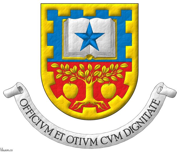Party per fess: 1 Azure, an open book Argent, garnished Or, charged with a mullet Azure; 2 Gules, a tree eradicated between two apples Or; within a bordure embattled Or. Motto: �Officium otium cum dignitate�.