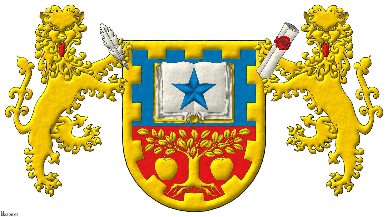 Escudo cortado: 1o de azur, un libro abierto de oro, hojado de plata, cargado de una estrella de azur; 2o de gules, un �rbol arrancado, acompa�ado de dos manzanas todo de oro; una filiera almenada de oro. Soportes: dos leopardos leonados de oro, lampasados de gules, el de la diestra con una pluma de plata en la garra siniestra, y el de la siniestra con un pergamino enrollado de plata, con un sello de lacre de gules con las iniciales �MB� de sable, en la garra diestra.