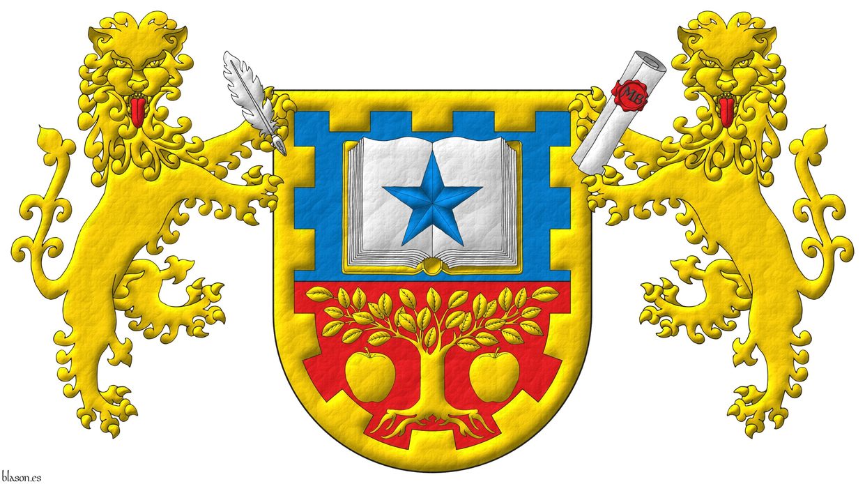 Party per fess: 1 Azure, an open book Argent, garnished Or, charged with a mullet Azure; 2 Gules, a tree eradicated between two apples Or; within a bordure embattled Or. Supporters: Two lions rampant guardant Or, langued Gules, the one at dexter grasping in his sinister forepaw a quill Argent, the one at sinister grasping in his dexter forepaw a rolled scroll Argent, bearing a wax seal Gules, inscribed with the letters �MB� Sable.