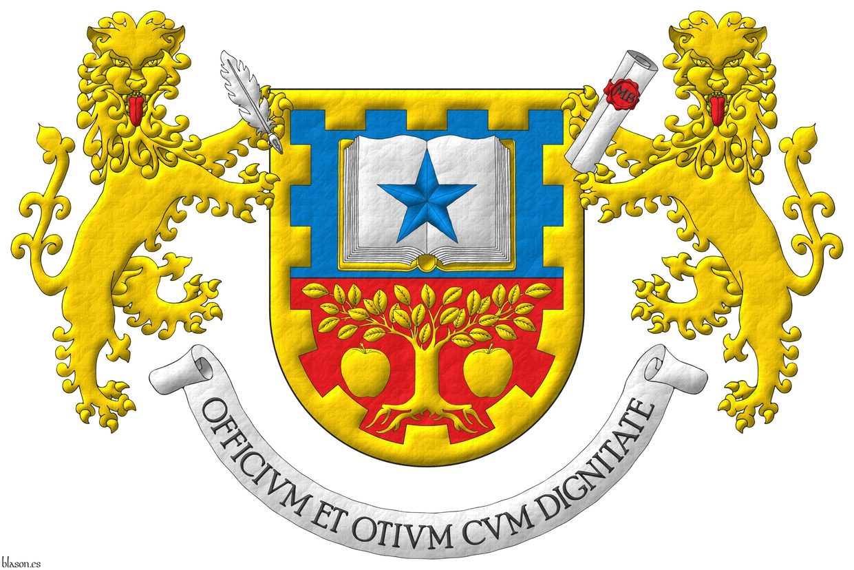 Party per fess: 1 Azure, an open book Argent, garnished Or, charged with a mullet Azure; 2 Gules, a tree eradicated between two apples Or; within a bordure embattled Or. Supporters: Two lions rampant guardant Or, langued Gules, the one at dexter grasping in his sinister forepaw a quill Argent, the one at sinister grasping in his dexter forepaw a rolled scroll Argent, bearing a wax seal Gules, inscribed with the letters �MB� Sable. Motto: �Officium otium cum dignitate�.