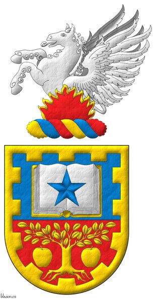 Escudo cortado: 1o de azur, un libro abierto de oro, hojado de plata, cargado de una estrella de azur; 2o de gules, un �rbol arrancado, acompa�ado de dos manzanas todo de oro; una filiera almenada de oro. Timbrado de un burelete de oro, azur y gules; cimado de un pegaso rampante de plata, naciente de llamas de gules, perfiladas de oro.