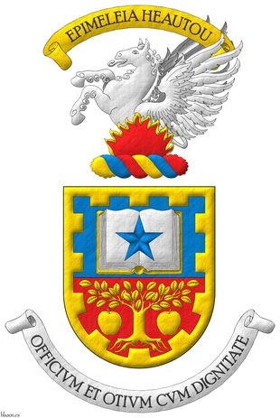 Party per fess: 1 Azure, an open book Argent, garnished Or, charged with a mullet Azure; 2 Gules, a tree eradicated between two apples Or; within a bordure embattled Or. Crest: Upon wreath Or, Azure and Gules, a demi-pegasus Argent issuant from flames of fire Gules, fimbriated Or. Warcry above the crest �Epimeleia Heautou�. Motto: �Officium otium cum dignitate�.