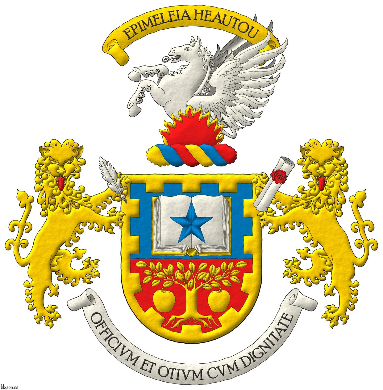 Party per fess: 1 Azure, an open book Argent, garnished Or, charged with a mullet Azure; 2 Gules, a tree eradicated between two apples Or; within a bordure embattled Or. Crest: Upon wreath Or, Azure and Gules, a demi-pegasus Argent issuant from flames of fire Gules, fimbriated Or. Supporters: Two lions rampant guardant Or, langued Gules, the one at dexter grasping in his sinister forepaw a quill Argent, the one at sinister grasping in his dexter forepaw a rolled scroll Argent, bearing a wax seal Gules, inscribed with the letters �MB� Sable. Warcry above the crest �Epimeleia Heautou�. Motto: �Officium otium cum dignitate�.