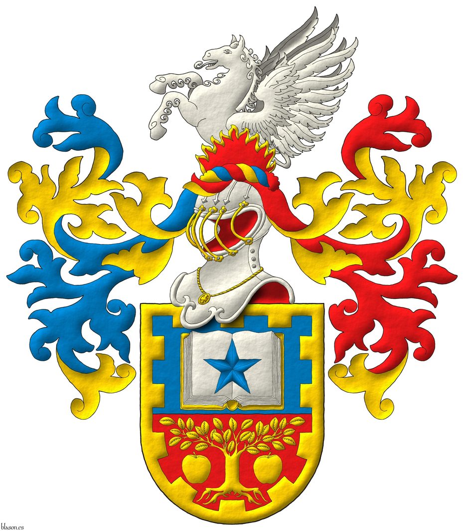 Escudo cortado: 1o de azur, un libro abierto de oro, hojado de plata, cargado de una estrella de azur; 2o de gules, un �rbol arrancado, acompa�ado de dos manzanas todo de oro; una filiera almenada de oro. Timbrado de un yelmo, perfilado y grilletado de oro, un burelete de oro, azur y gules; lambrequines, el diestro de azur y oro, el siniestro de gules y oro; cimado de un pegaso rampante de plata, naciente de llamas de gules, perfiladas de oro.