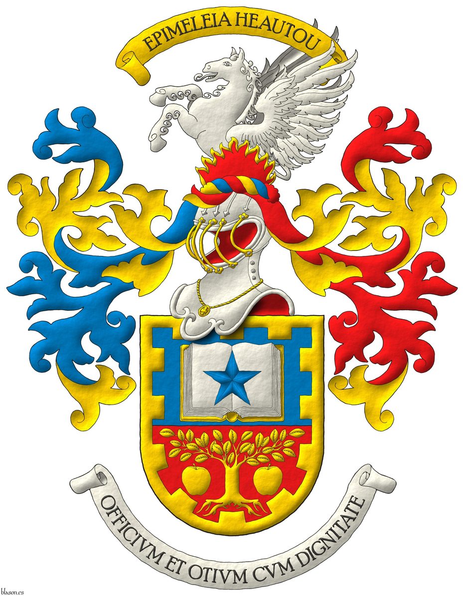 Party per fess: 1 Azure, an open book Argent, garnished Or, charged with a mullet Azure; 2 Gules, a tree eradicated between two apples Or; within a bordure embattled Or. Crest: Upon a helm with a wreath Or, Azure and Gules, a demi-pegasus Argent issuant from flames of fire Gules, fimbriated Or. Mantling: dexter Azure doubled Or, sinister Gules doubled Or. Warcry above the crest �Epimeleia Heautou�. Motto: �Officium otium cum dignitate�.