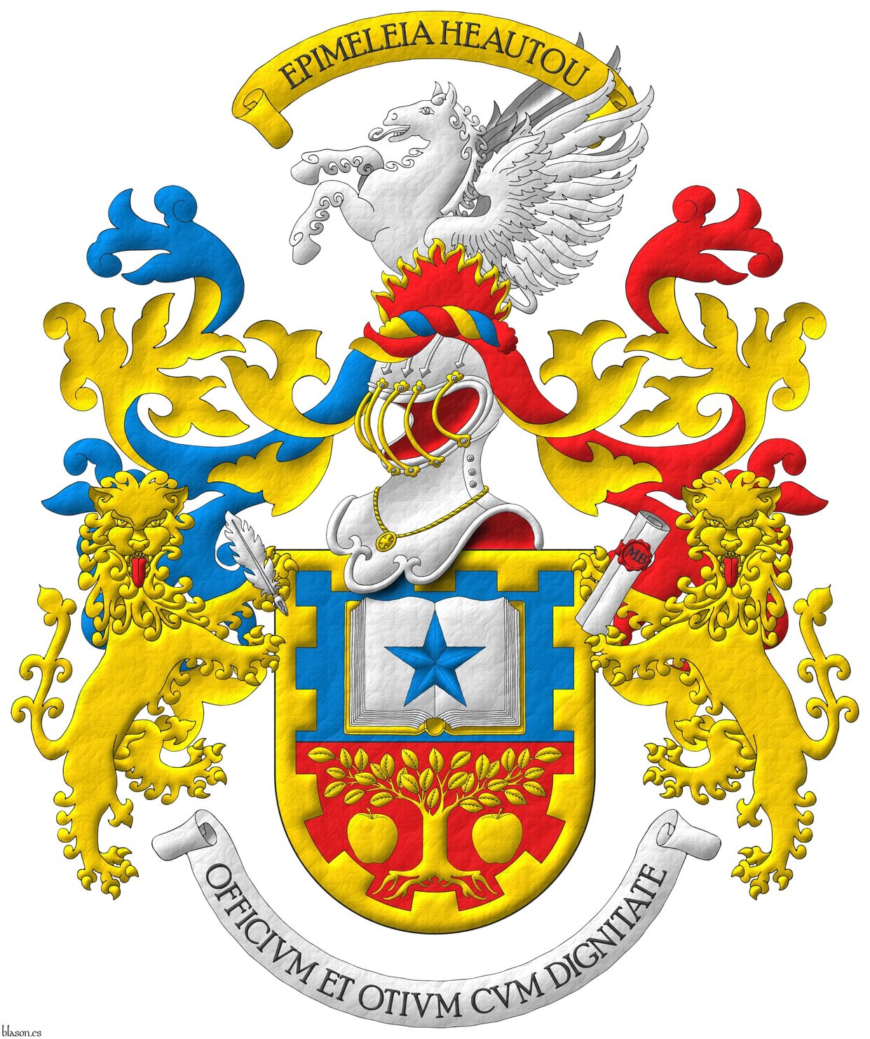 Party per fess: 1 Azure, an open book Argent, garnished Or, charged with a mullet Azure; 2 Gules, a tree eradicated between two apples Or; within a bordure embattled Or. Crest: Upon a helm with a wreath Or, Azure and Gules, a demi-pegasus Argent issuant from flames of fire Gules, fimbriated Or. Mantling: dexter Azure doubled Or, sinister Gules doubled Or. Supporters: Two lions rampant guardant Or, langued Gules, the one at dexter grasping in his sinister forepaw a quill Argent, the one at sinister grasping in his dexter forepaw a rolled scroll Argent, bearing a wax seal Gules, inscribed with the letters �MB� Sable. Warcry above the crest �Epimeleia Heautou�. Motto: �Officium otium cum dignitate�.