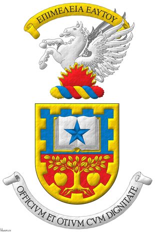 Party per fess: 1 Azure, an open book Argent, garnished Or, charged with a mullet Azure; 2 Gules, a tree eradicated between two apples Or; within a bordure embattled Or. Crest: Upon wreath Or, Azure and Gules, a demi-pegasus Argent issuant from flames of fire Gules, fimbriated Or. Warcry above the crest �ΕΠΙΜΕΛΕΙΑ ΕΑΥΤΟΥ�. Motto: �Officium otium cum dignitate�.