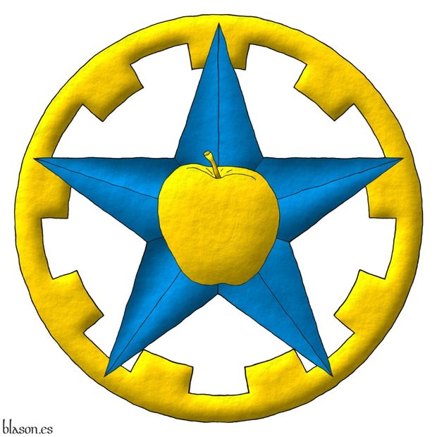 Dispositivo her�ldico ilustrado por m�, iluminado con luces y sombras, delineado de sable, y con un acabado de trazo alzado.