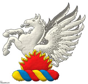 Un burelete de oro, azur y gules cimado de un pegaso rampante de plata, naciente de llamas de gules, perfiladas de oro.