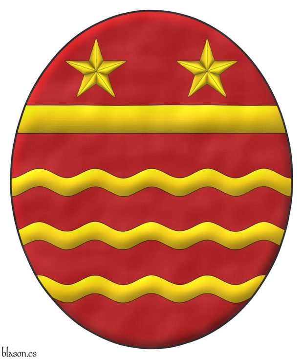 Gules, three bars wavy; in chief two mullets above a fess in base Or.