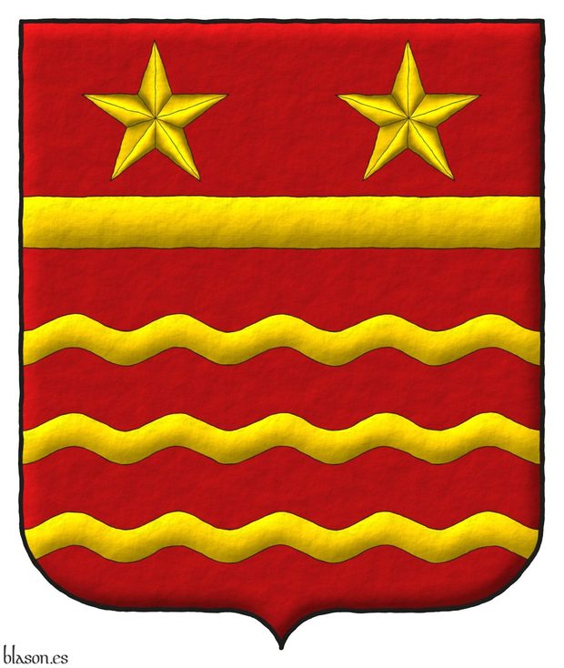 Escudo de gules, tres burelas ondadas; en jefe una faja surmontada de dos estrellas de cinco puntas todo de oro.