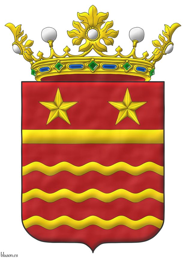 Escudo de gules, tres burelas ondadas; en jefe una faja surmontada de dos estrellas de cinco puntas todo de oro. Timbrado de una corona de noble.
