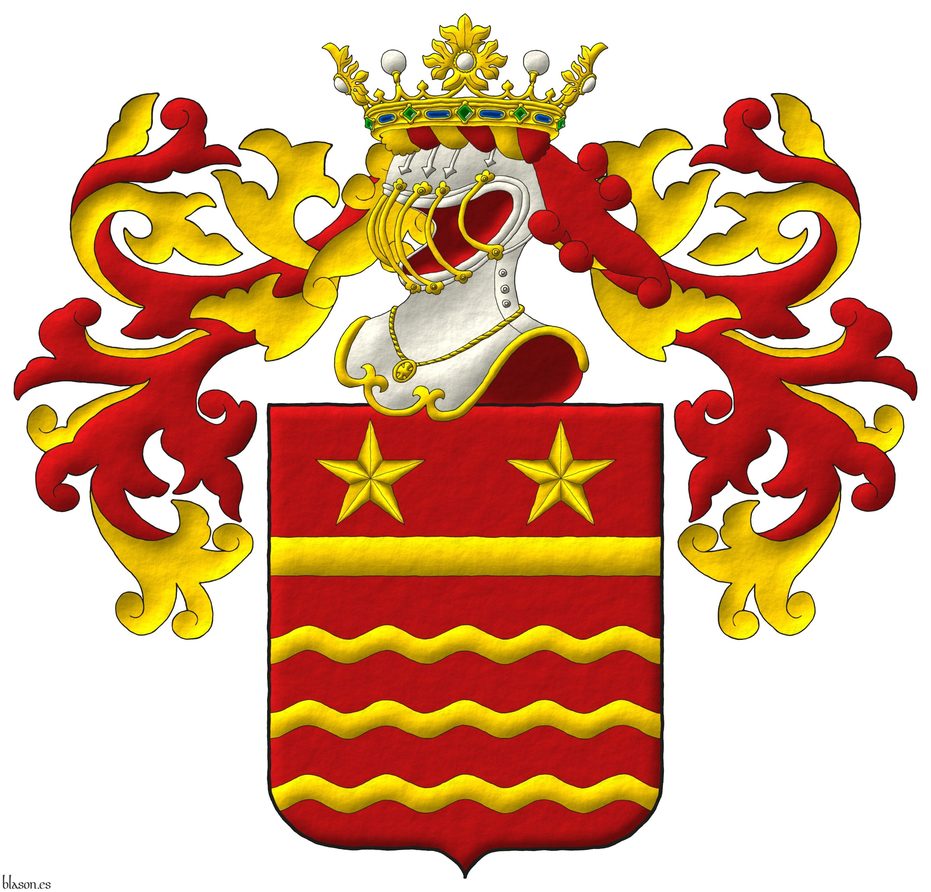 Escudo de gules, tres burelas ondadas; en jefe una faja surmontada de dos estrellas de cinco puntas todo de oro. Timbrado de un yelmo acorde con su rango, adornado de dos lambrequines de gules doblados de oro, un burelete de oro y gules, cimado de una corona de noble.