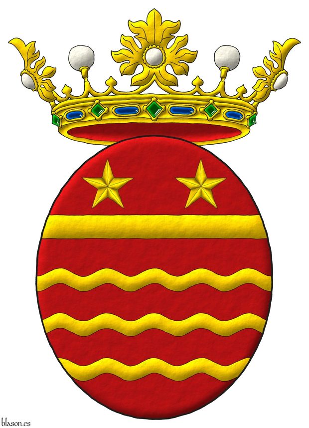 Gules, three bars wavy; in chief two mullets above a fess in base Or. Crest: A crown of Noble.