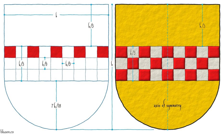 Escudo de oro, una faja ajedrezada de gules y plata.