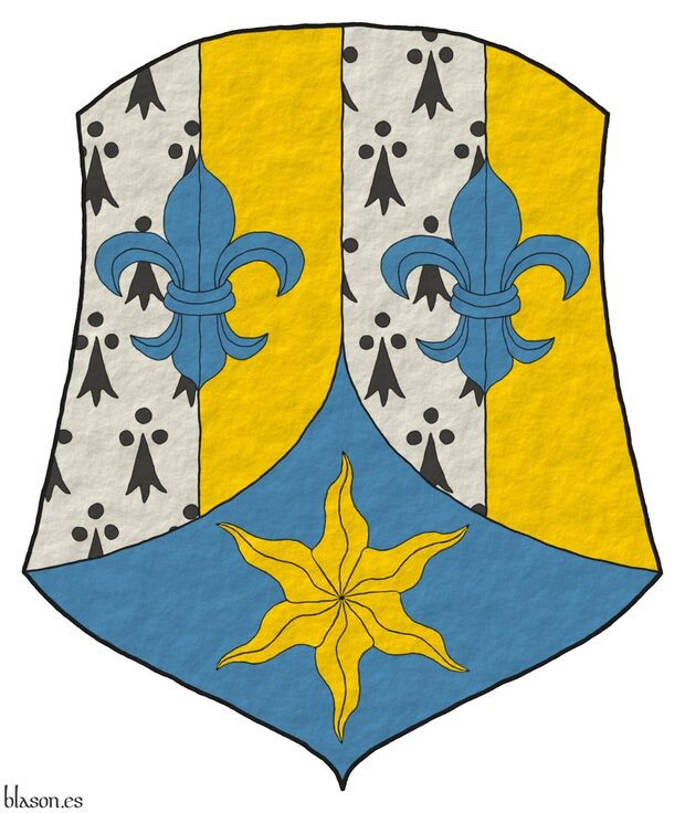 Escudo palado de cuatro piezas de armi�os y oro, brochante sobre el todo dos flores de lis en faja de azur; entado en punta de azur, una estrella ondada de oro.