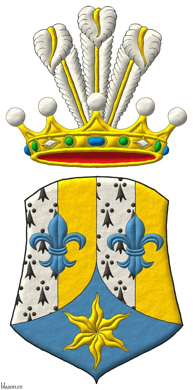 Escudo palado de cuatro piezas de armi�os y oro, brochante sobre el todo dos flores de lis en faja de azur; entado en punta de azur, una estrella ondada de oro. Timbrado de una corona de baronesa de la Serena Casa Principesca de Saint-Marc, en su calidad de herederos din�sticos del Imperio de Hait�, sumada de un penacho de tres plumas de plata, fustadas de oro.