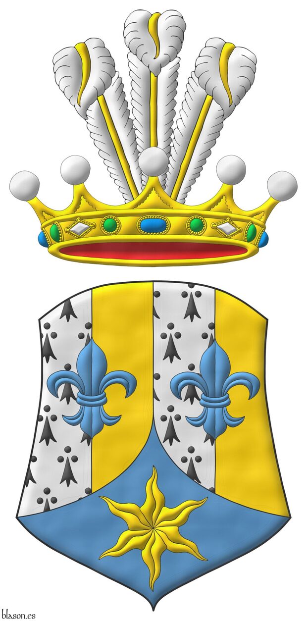 Paly of four Ermine and Or, overall two fleurs de lis in fess Azure; ent� en point Azure, an estoile Or. Crest: A crown of a Baroness of the Serene Princely House of Saint-Marc in the capacity of dynastic heirs of the former Haitian Empire, issuant three ostrich feathers Argent shafted Or.